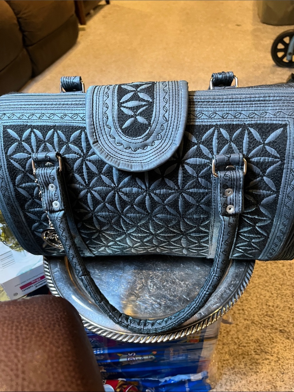 Quilted Embossed Barrel Satchel Handbag - Black